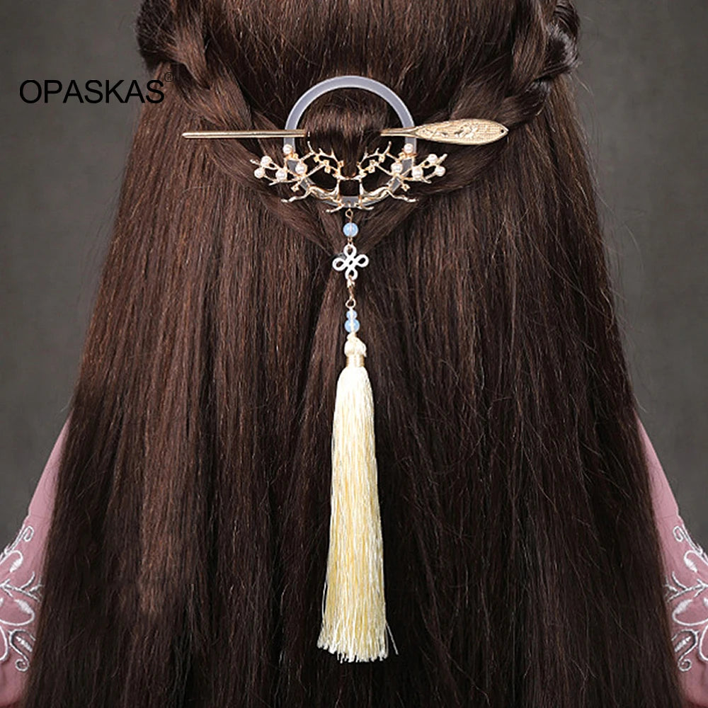 Vintage Alloy Tassel Deer Pearl Hair Sticks for Women Girls