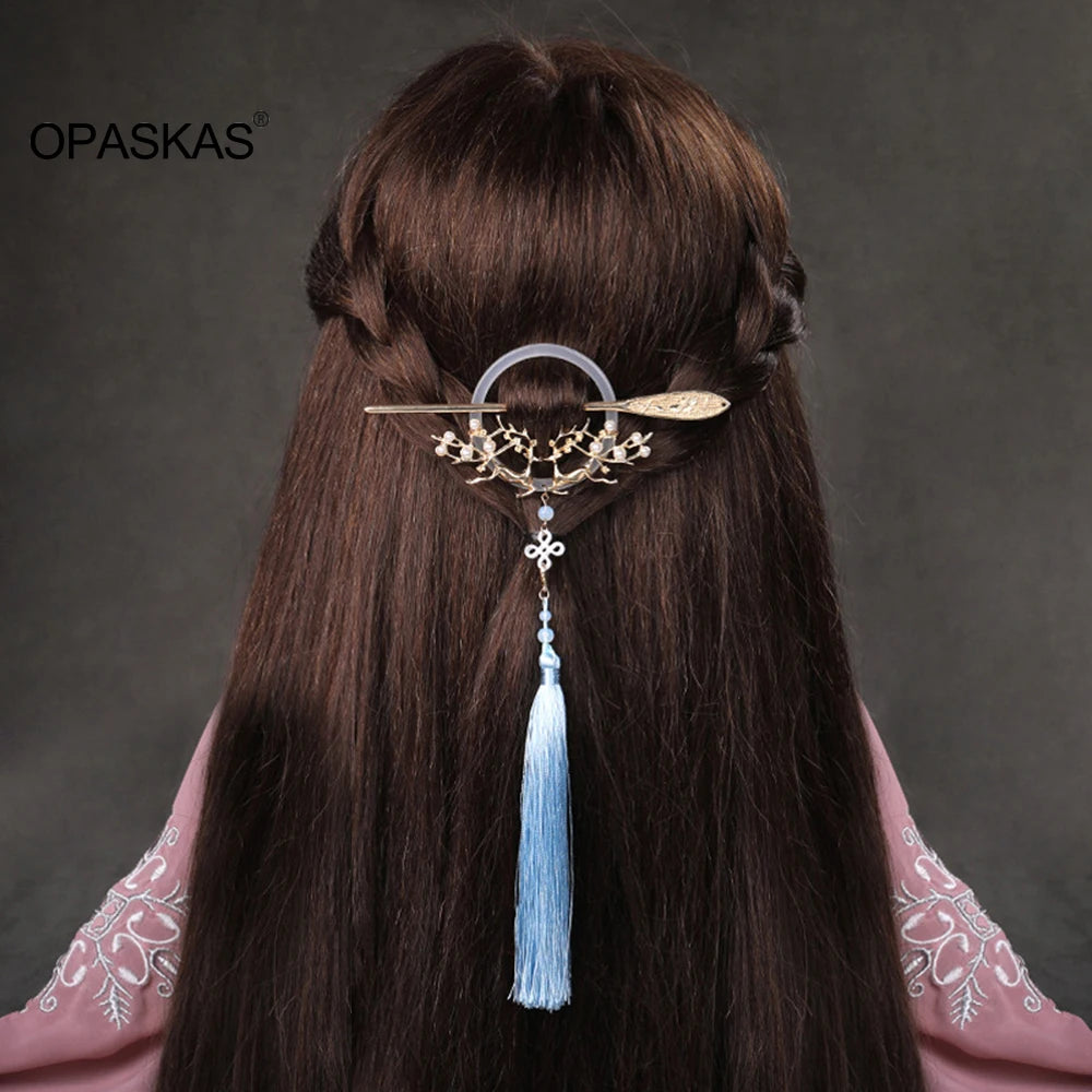 Vintage Alloy Tassel Deer Pearl Hair Sticks for Women Girls