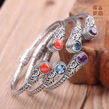 Ancient S925 Thai silver Indonesian inlaid topa heather agate open bracelet