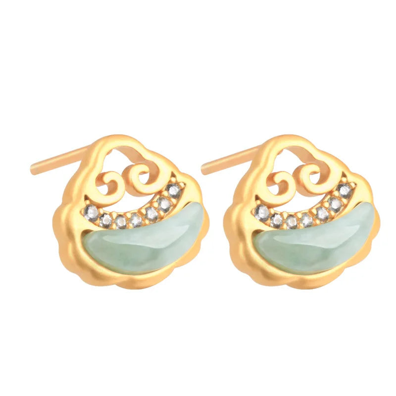 Vintage Natural Green Ruyi Chalcedony Earrings for Women