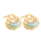 Vintage Natural Green Ruyi Chalcedony Earrings for Women