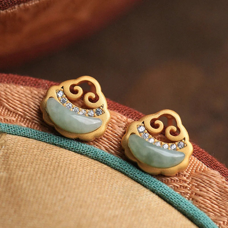 Vintage Natural Green Ruyi Chalcedony Earrings for Women