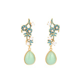 Vintage Hotan Jade Water Drop Earrings with Enamel Flowers and Pearls