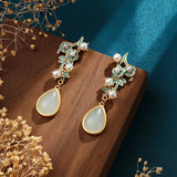Vintage Hotan Jade Water Drop Earrings with Enamel Flowers and Pearls