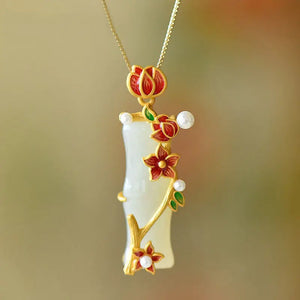 Vintage Hetian Jade Plum Blossom Bamboo Pendant Necklace