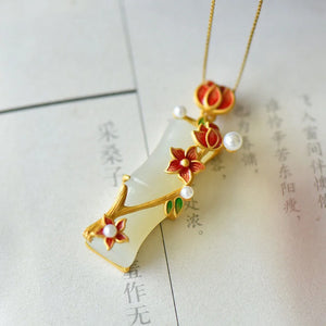 Vintage Hetian Jade Plum Blossom Bamboo Pendant Necklace