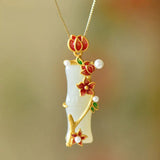 Vintage Hetian Jade Plum Blossom Bamboo Pendant Necklace