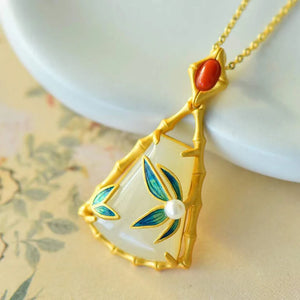 Hetian Jade Bamboo Leaf Pendant Enamel Porcelain Necklace