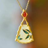 Hetian Jade Bamboo Leaf Pendant Enamel Porcelain Necklace