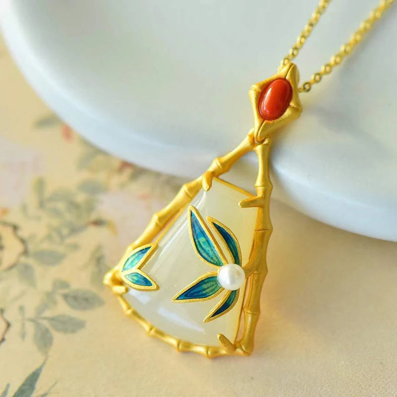 Hetian Jade Bamboo Leaf Pendant Enamel Porcelain Necklace