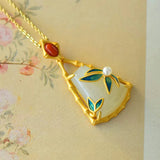 Hetian Jade Bamboo Leaf Pendant Enamel Porcelain Necklace