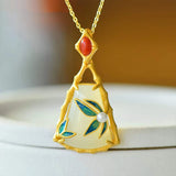 Hetian Jade Bamboo Leaf Pendant Enamel Porcelain Necklace