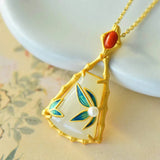 Hetian Jade Bamboo Leaf Pendant Enamel Porcelain Necklace