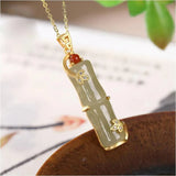 Ancient Craft Inlaid Natural Hetian Jade Bamboo Pendant Necklace