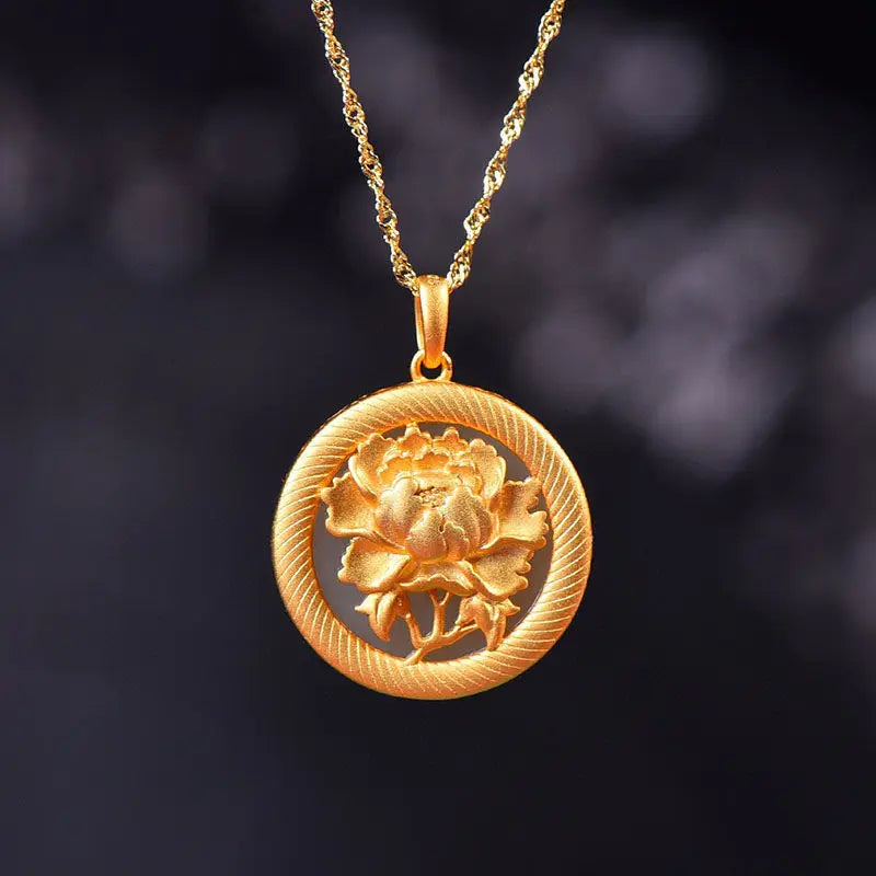 Chinese Hetian Jade Peony Necklace Pendant Classic Women's Jewelry