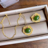 Zircon Inlaid Jade Oval Green Necklace Pendant Silver Jewelry
