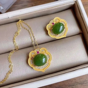Zircon Inlaid Jade Oval Green Necklace Pendant Silver Jewelry