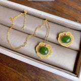 Zircon Inlaid Jade Oval Green Necklace Pendant Silver Jewelry