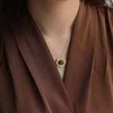 Zircon Inlaid Jade Oval Green Necklace Pendant Silver Jewelry