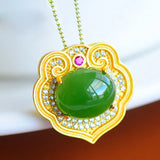 Zircon Inlaid Jade Oval Green Necklace Pendant Silver Jewelry