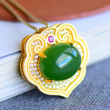 Zircon Inlaid Jade Oval Green Necklace Pendant Silver Jewelry