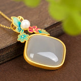 Geometric Purple Jade Necklace with Flower Pendant