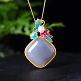 Geometric Purple Jade Necklace with Flower Pendant