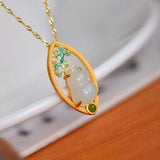 Ancient Hetian Jade Gourd Necklace Enamel Pendant Charm Jewelry