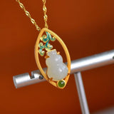 Ancient Hetian Jade Gourd Necklace Enamel Pendant Charm Jewelry