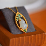 Ancient Hetian Jade Gourd Necklace Enamel Pendant Charm Jewelry