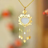Ancient Craft Natural Hetian Jade Enamel Porcelain Tassel Necklace Pendant