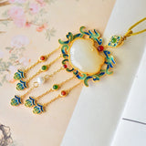 Ancient Craft Natural Hetian Jade Enamel Porcelain Tassel Necklace Pendant