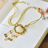 Ancient Craft Natural Hetian Jade Enamel Porcelain Tassel Necklace Pendant