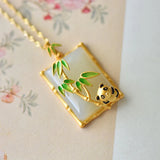 Chinese Chalcedony Enamel Bamboo Pendant Necklace
