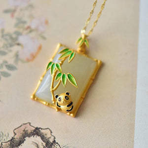 Chinese Chalcedony Enamel Bamboo Pendant Necklace