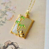 Chinese Chalcedony Enamel Bamboo Pendant Necklace