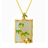 Chinese Chalcedony Enamel Bamboo Pendant Necklace