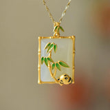 Chinese Chalcedony Enamel Bamboo Pendant Necklace