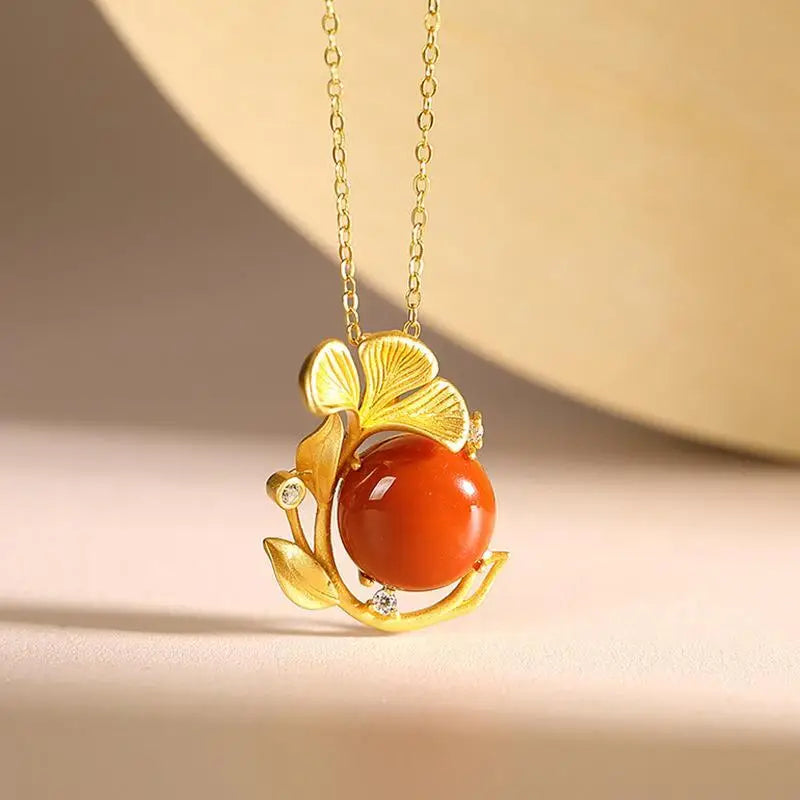 Apricot Leaf Red Tourmaline Flower Necklace Pendant
