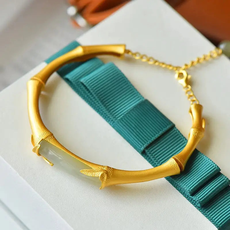Handcrafted Bamboo Joint Hetian Jade Bracelet for Mother