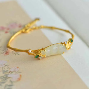 Hetian Jade Bracelet with Pearl Charm - Classical Bamboo Inlaid Craftsmanship