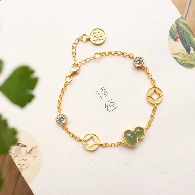 Ancient Crafted Hetian Jade Gourd Bracelet with Copper Coin Charm