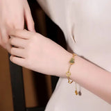 Ancient Crafted Hetian Jade Gourd Bracelet with Copper Coin Charm