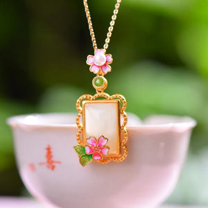Hetian Jade Enamel Peach Blossom Pendant Necklace