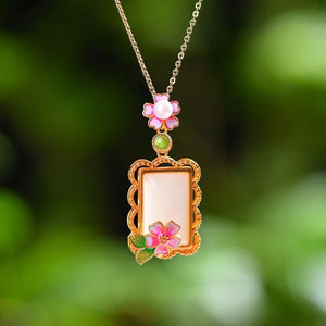 Hetian Jade Enamel Peach Blossom Pendant Necklace