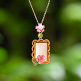 Hetian Jade Enamel Peach Blossom Pendant Necklace