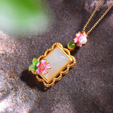 Hetian Jade Enamel Peach Blossom Pendant Necklace