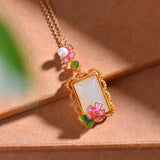 Hetian Jade Enamel Peach Blossom Pendant Necklace
