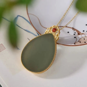 Ancient Hetian Green Chalcedony Drop Pendant Necklace