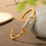 Vintage Hetian Jade Soot Bamboo Leaf Bracelet Retro Silver Jewelry